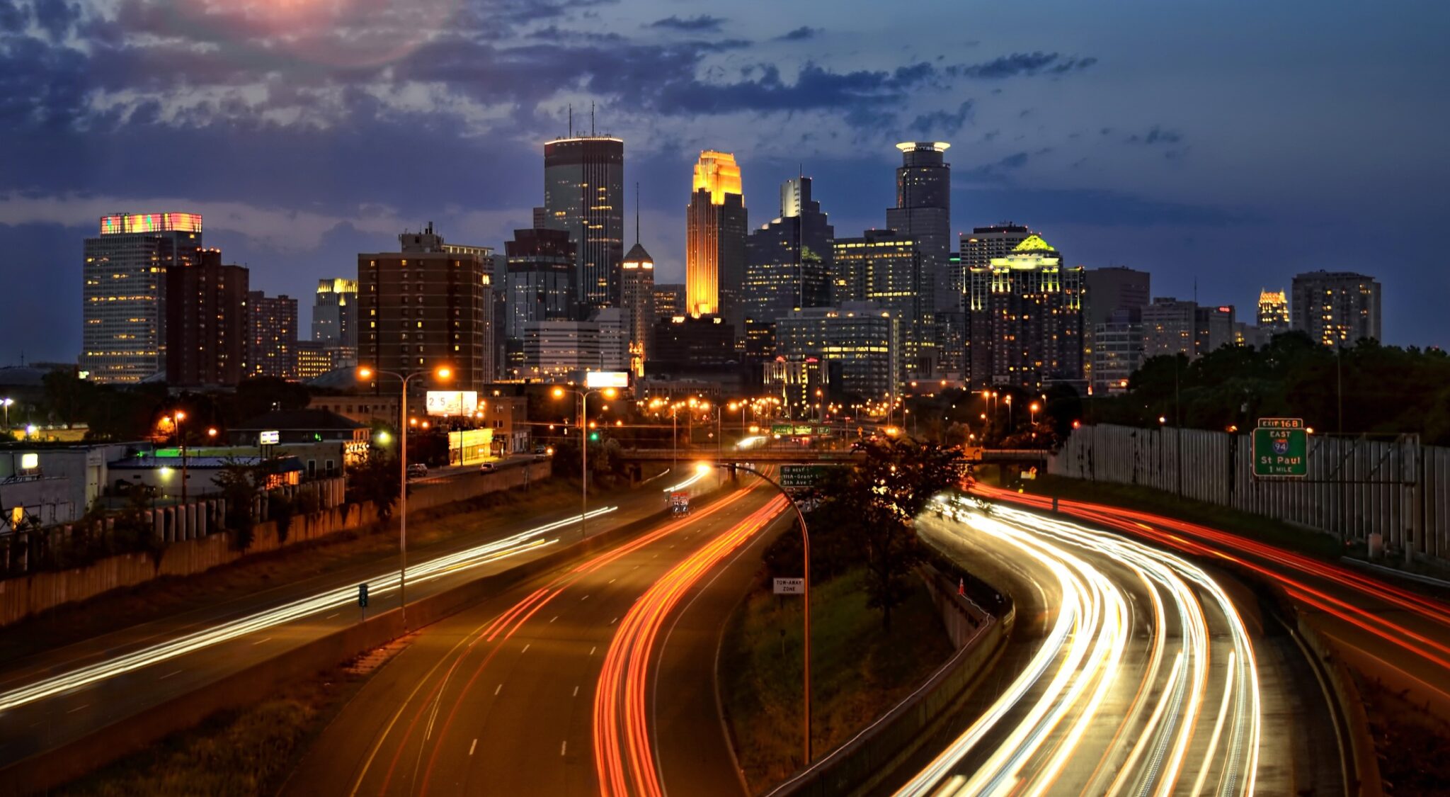 The highways entering and leaving Minneapolis with light paths