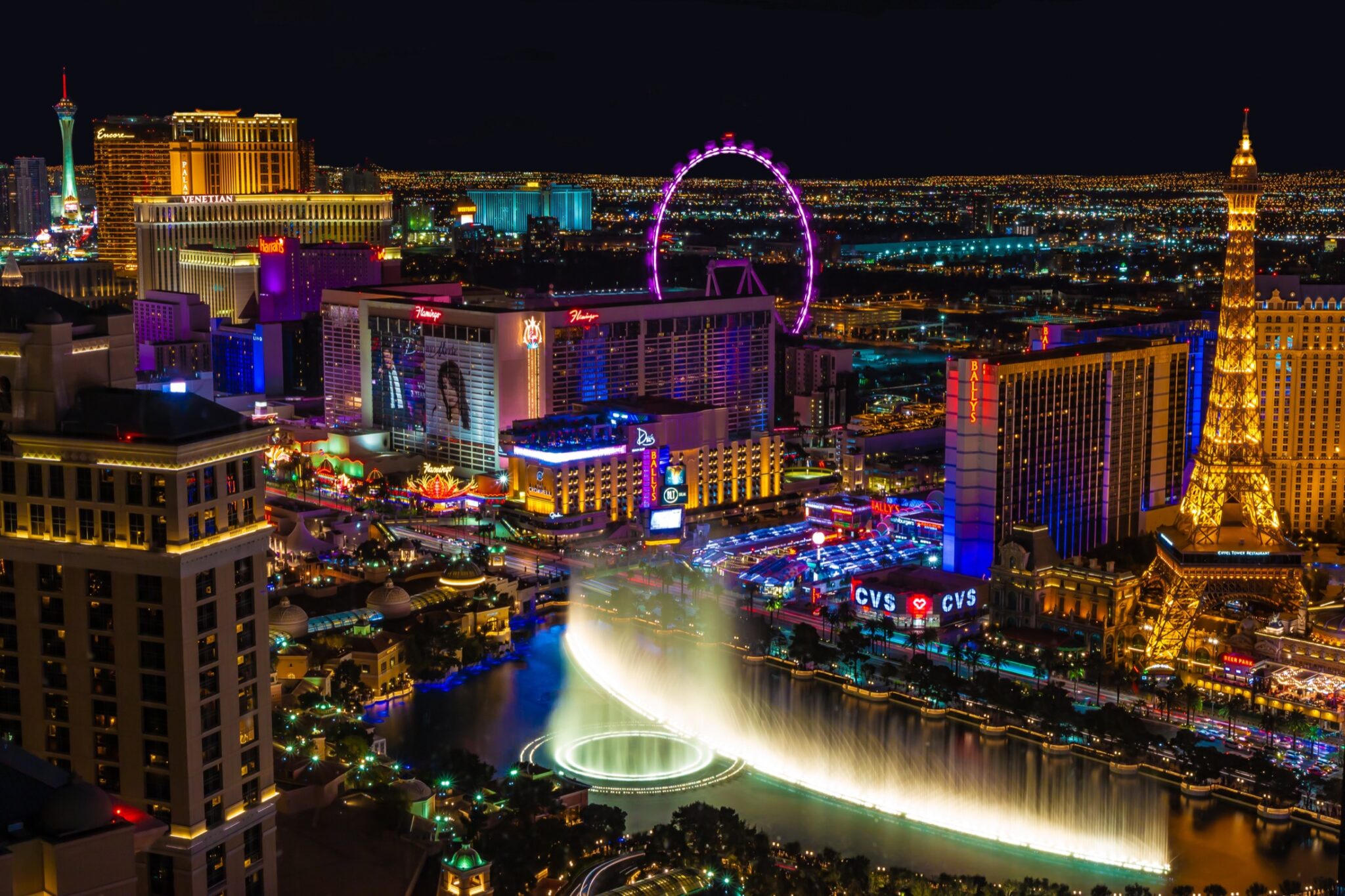 A drone view of Las Vegas at night time