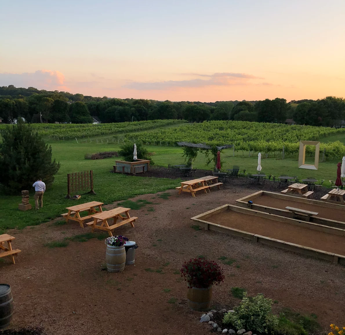 An outdoor seating area at a vineyard