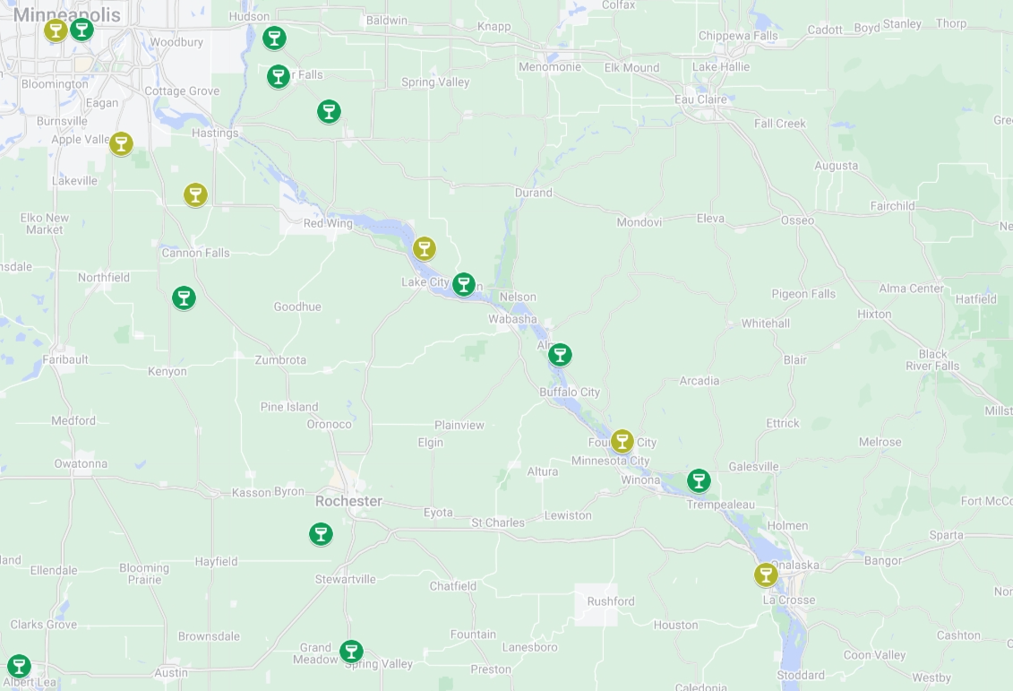 Map of recommended vineyards along the river valley for tasting tours.