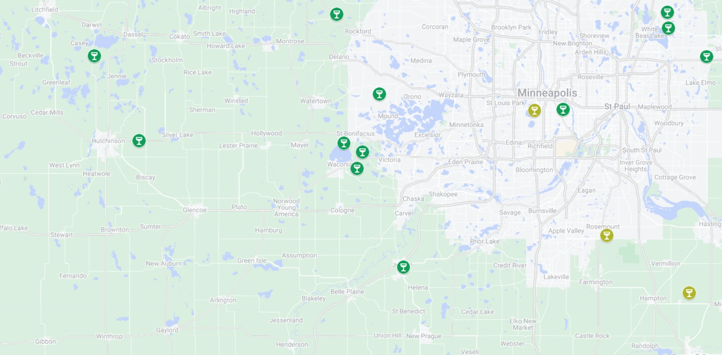 Map of recommended vineyards West of Minneapolis for tasting tours.