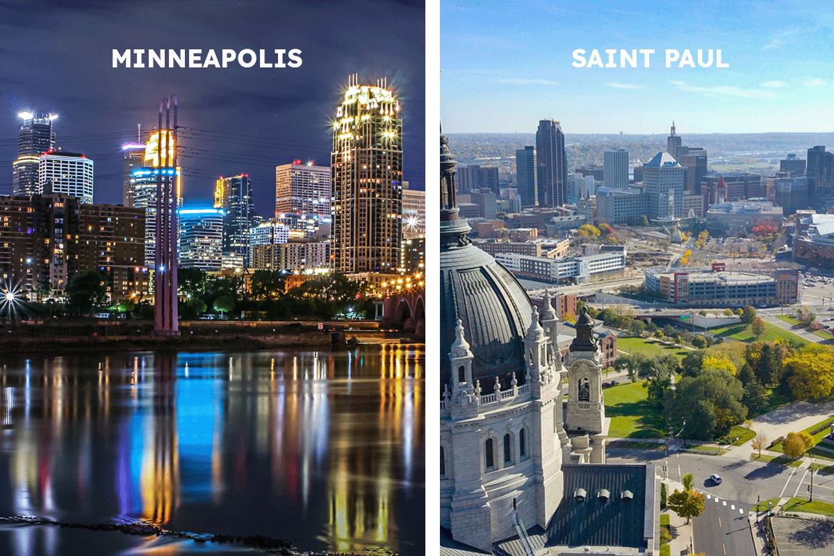 Downtown Minneapolis and Downtown Saint Paul by day or night.