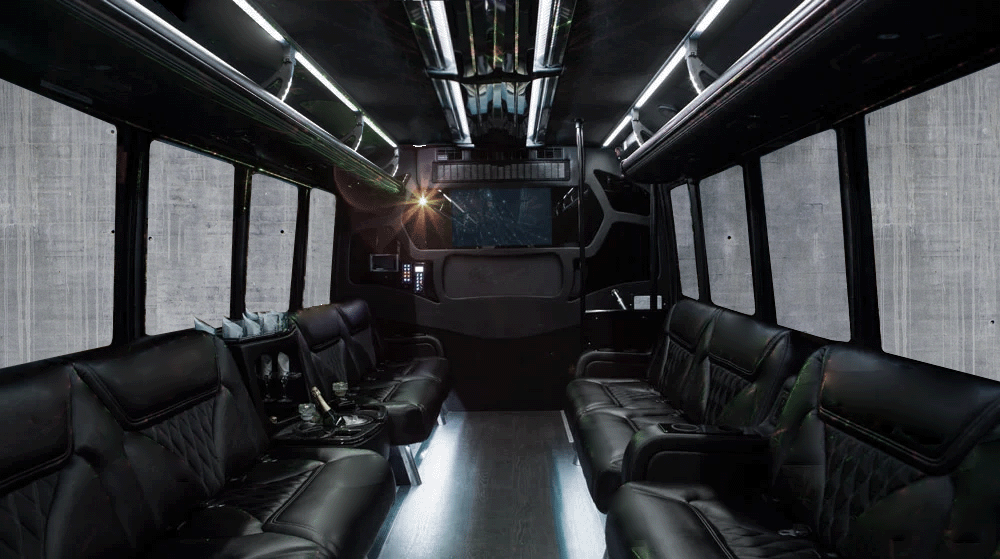 Interior of a Limo Coach sometimes features perimeter seating and sometimes forward-facing seats.