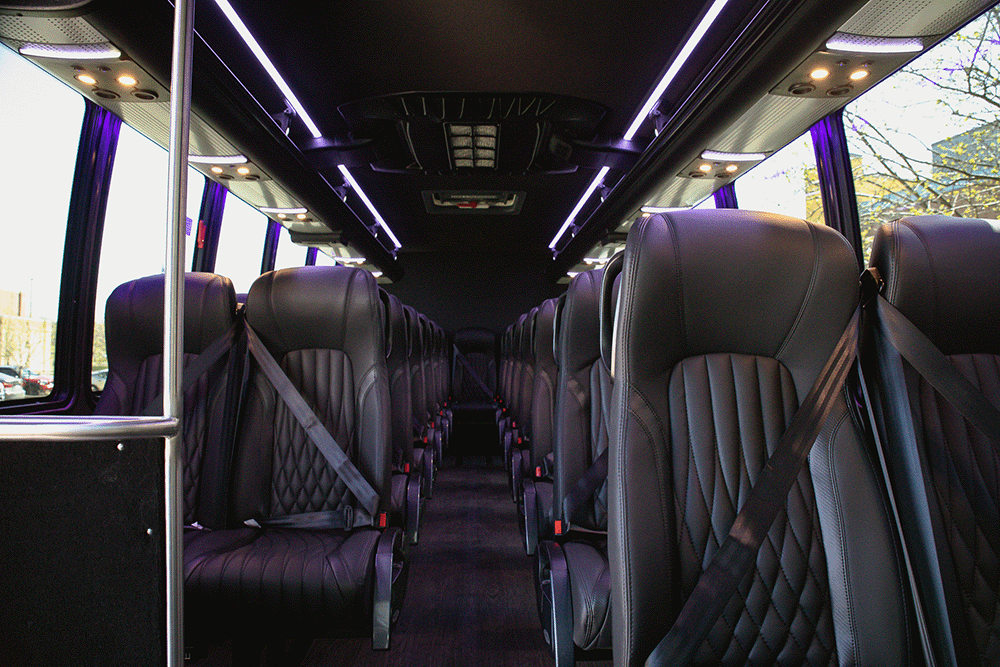 Interior of a mini-coach will usually feature forward-facing seating. Limo versions of a mini-coach are appointed with custom interiors and plenty of head and leg room.
