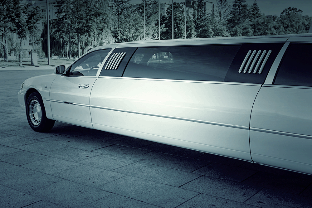 A stretch limousine is an elongated sedan with four doors and seating for 8-10 passengers.