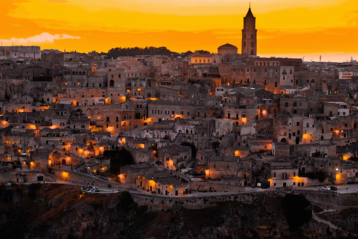 A view of Matera at sunset in southern Italy.