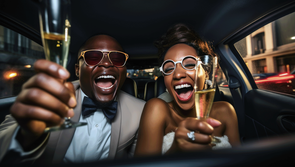 Wedding couple enjoying champagne in their limousine on the way to their reception.