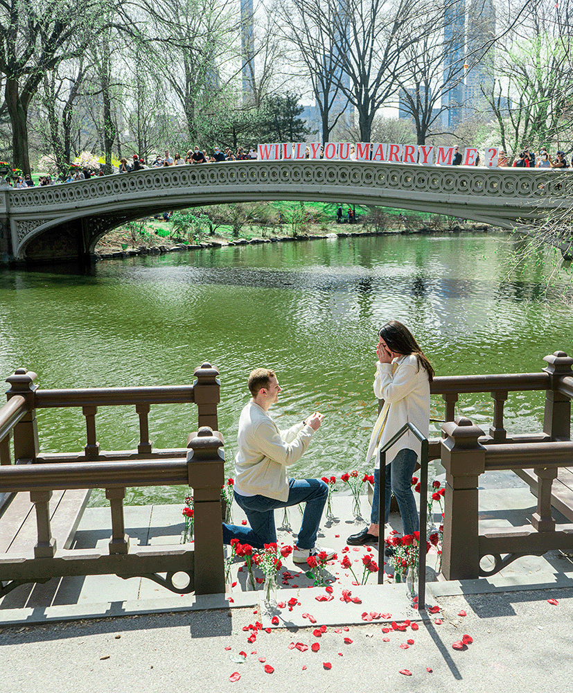 Man surprises girlfriend with romantic proposal.