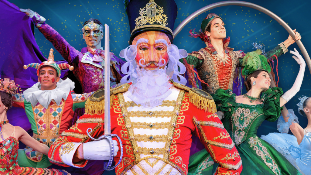 Ballerinas and classic characters from The Nutcracker strike a pose.