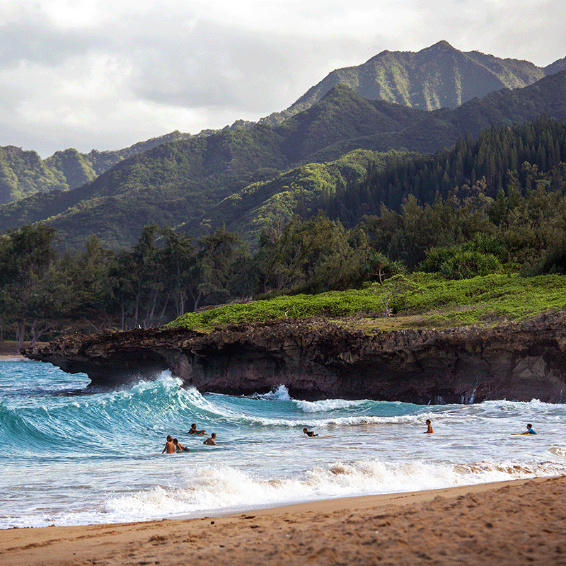 Swim in the beautiful blue ocean with the lush mountains framing your view at the stunning beaches in Hawaii.