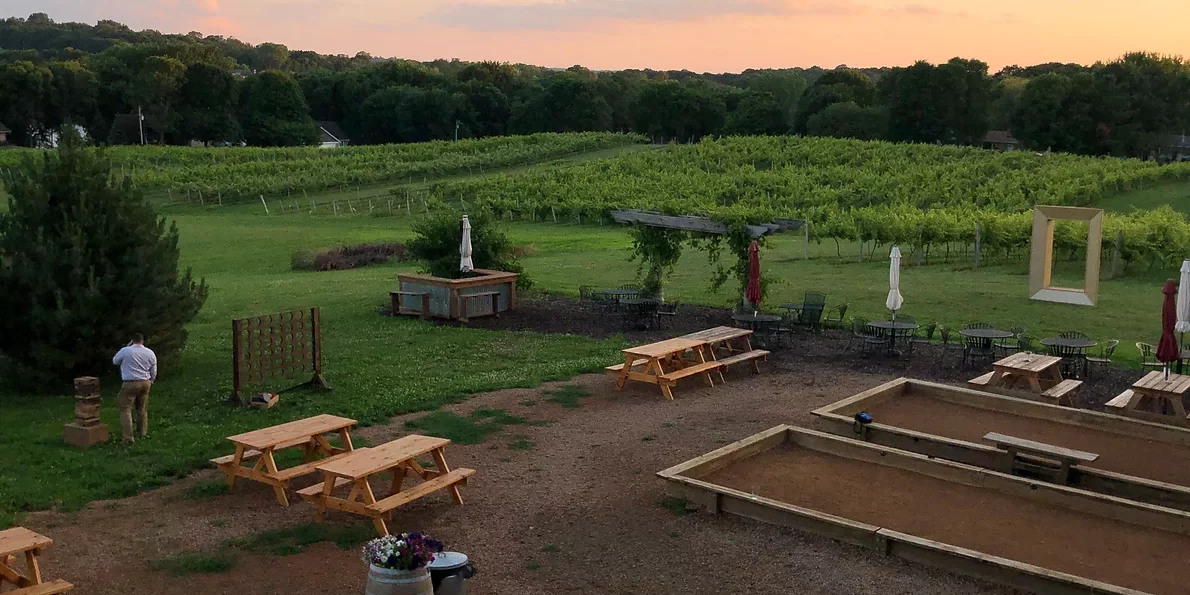 An outdoor seating area at a vineyard