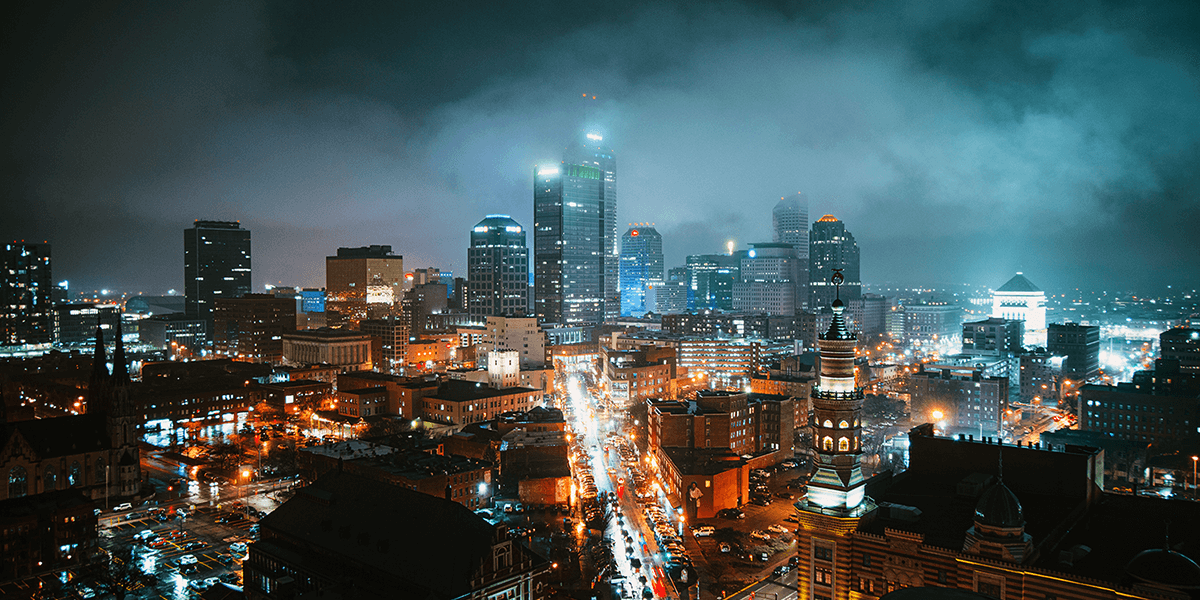 Indianapolis city lights on a cloudy night.
