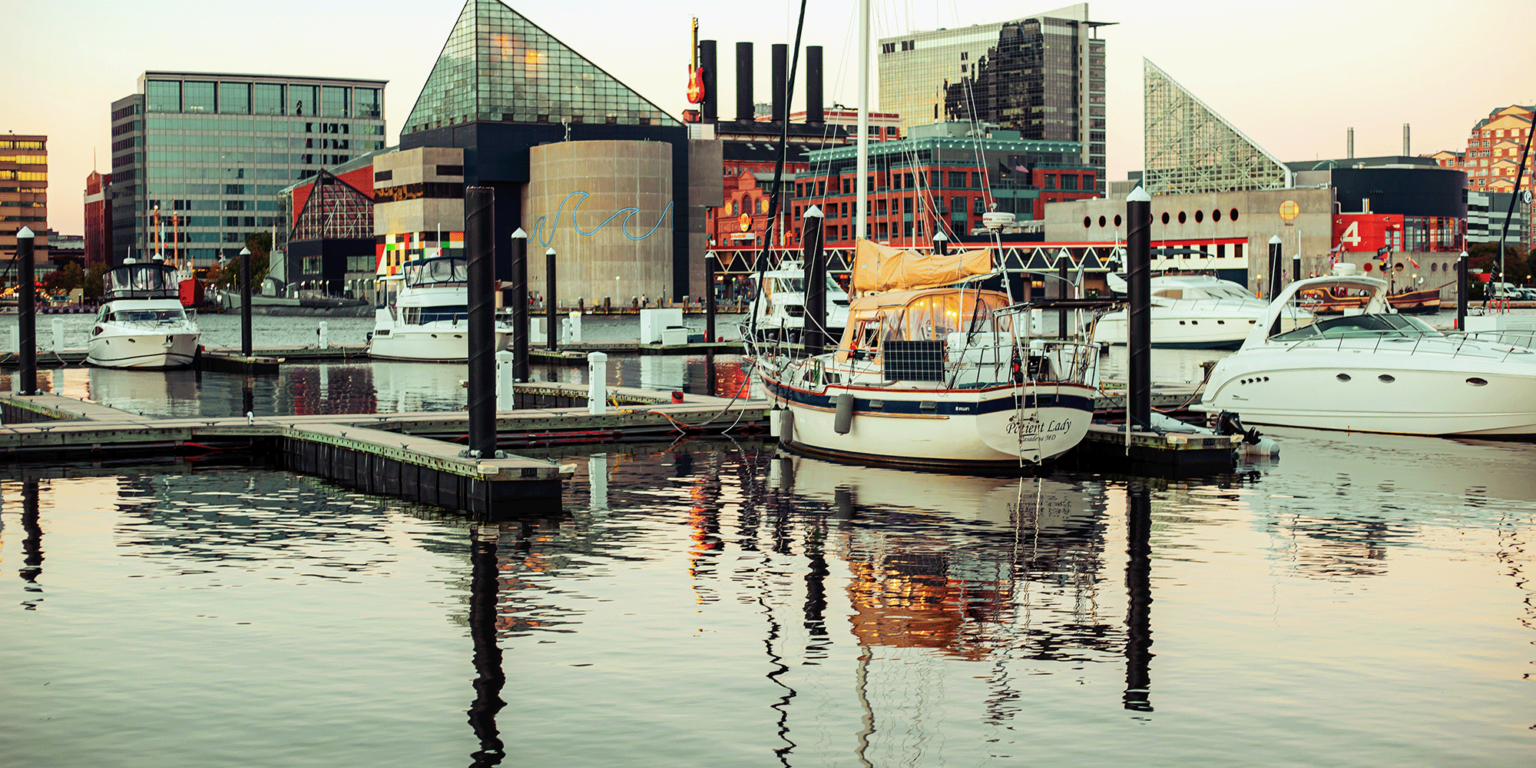 View of Baltimore from the harbor at sunrise