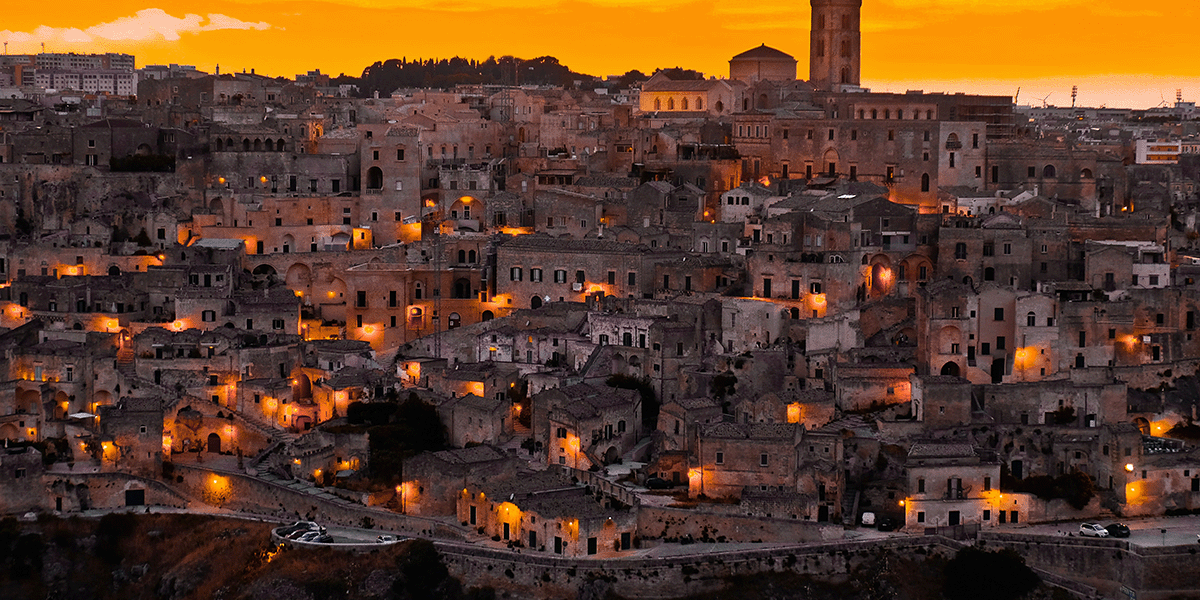 A view of Matera at sunset in southern Italy.