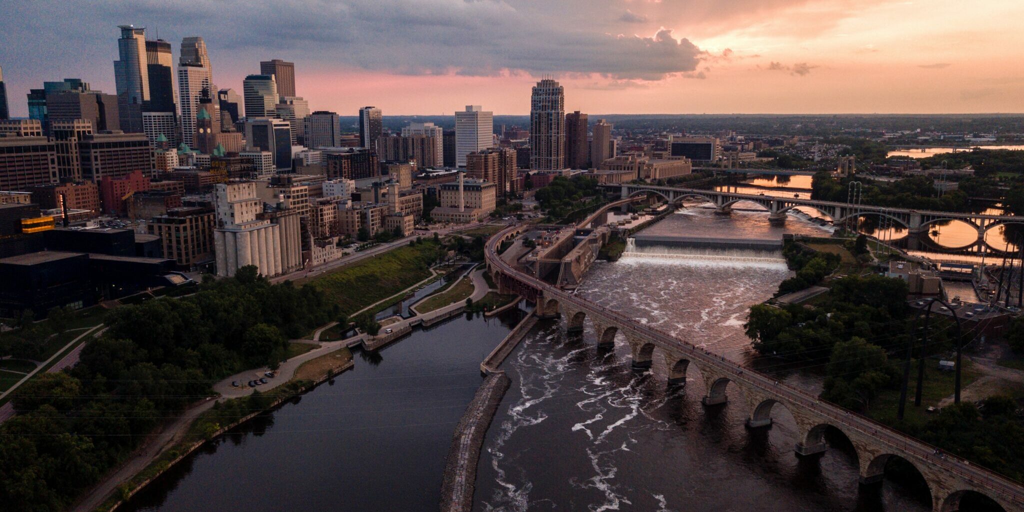 View of the Twin Cities Minnesota over the Mississippi river