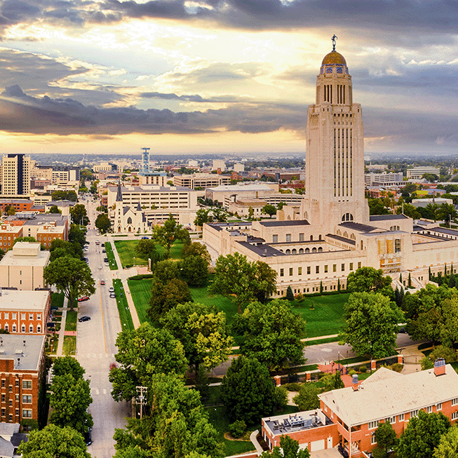 Fly into Lincoln, Nebraska, the state's capitol and home to the Cornhuskers.