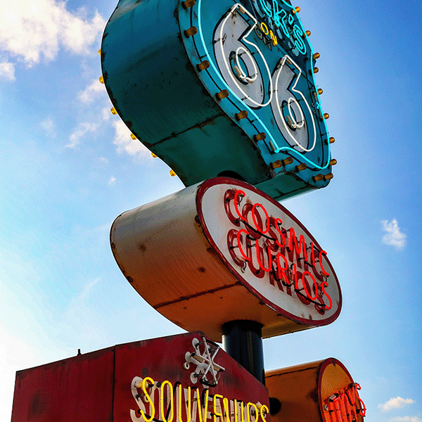 Retro neon signs along Route 66 in Oklahoma take travelers back in time.