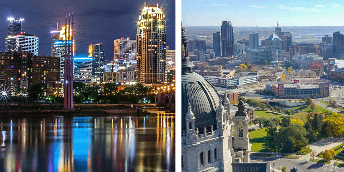 Downtown Minneapolis and Downtown Saint Paul by day or night.