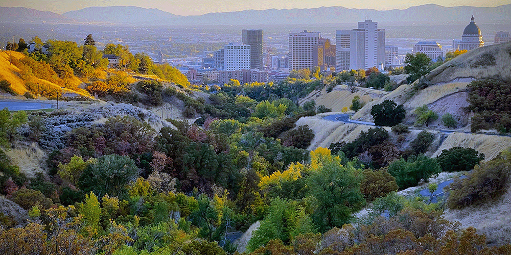 Salt Lake City, nestled in the hills in Utah is a beautiful city to visit.