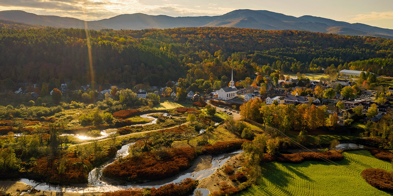 Aerial view over picturesque small town in Vermont.