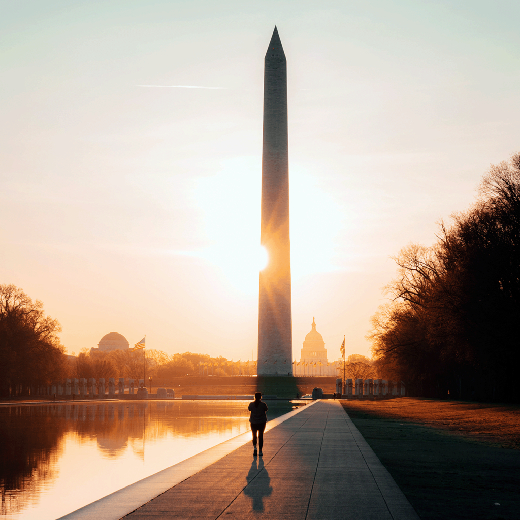 Lone person takes advantage of the beautiful sunrise at the reflecting pool and Washington Monument in DC