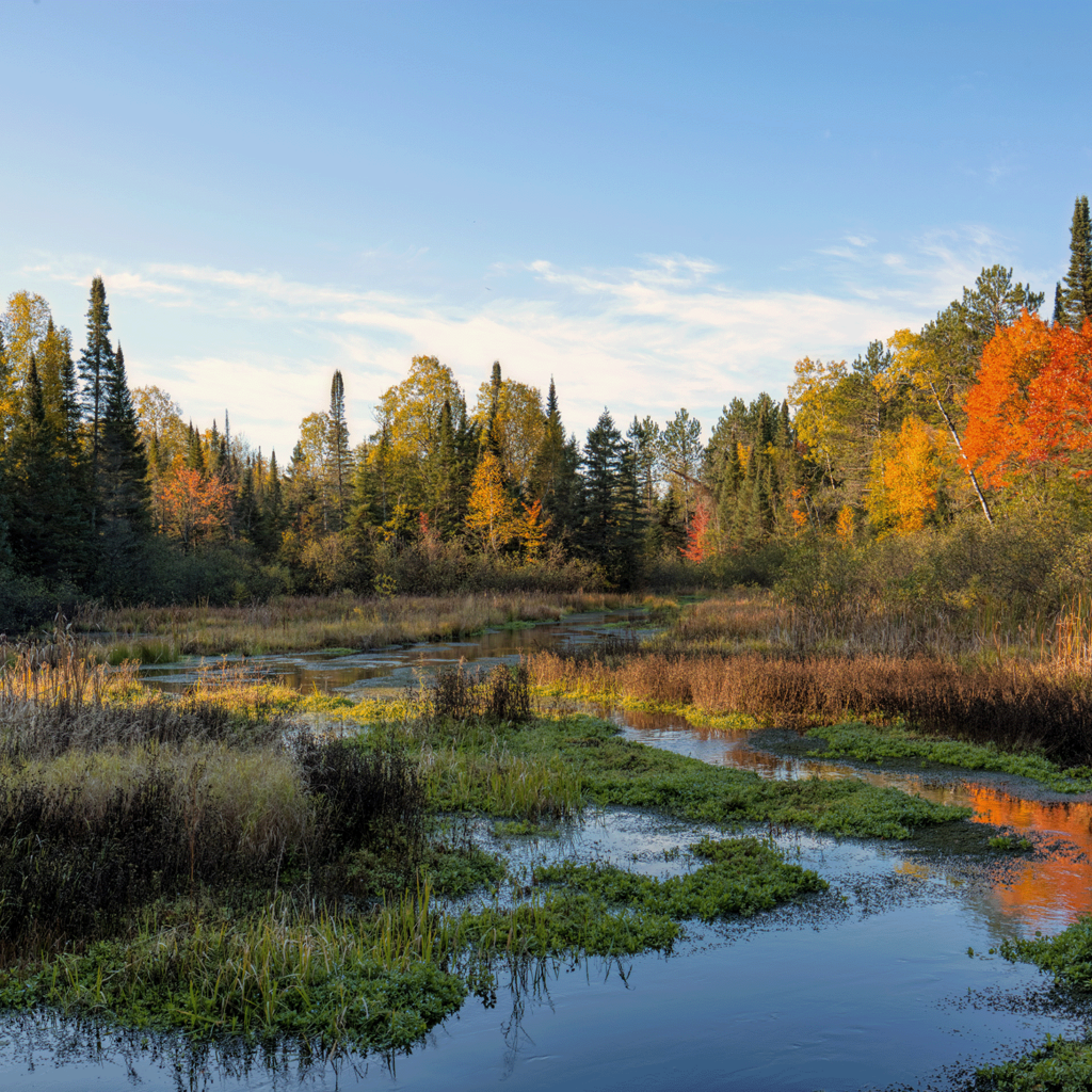 Photo of natural area in Wisconsin with colorful fall foliage in the background and reflections on the water in the forground