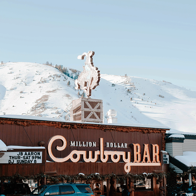 After skiing the slopes in Jackson Hole, you can continue your back-country exploration in town at places like the Million Dollar Cowboy Bar.